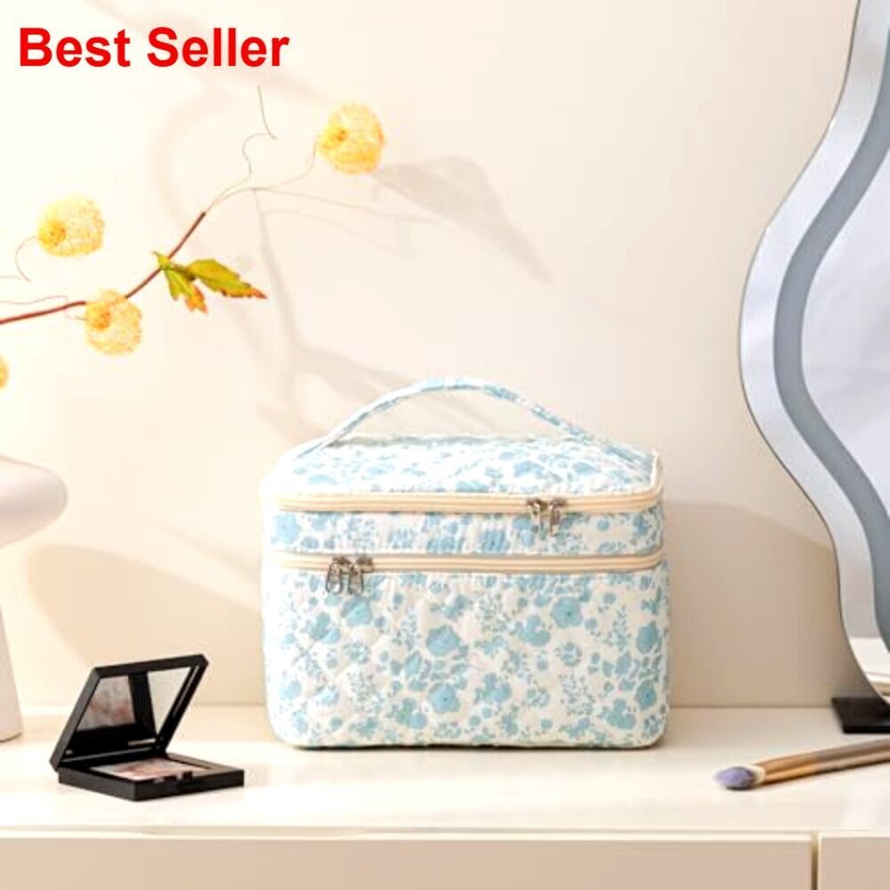 Large Quilted Cotton Makeup Bag with Handle, Travel Cosmetic Organizer - Picture 3 of 6